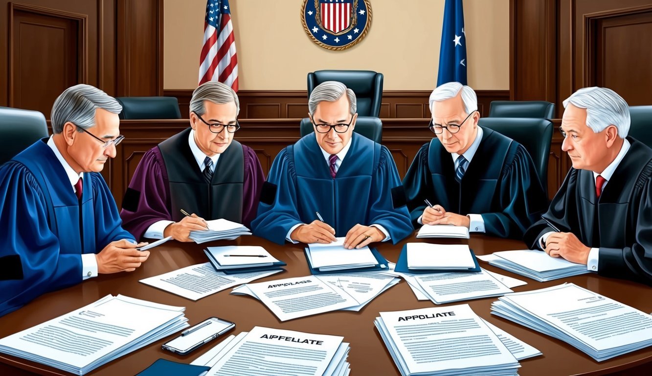 A group of appellate judges deliberating in a courtroom setting, with legal documents and case files spread out on the table in front of them