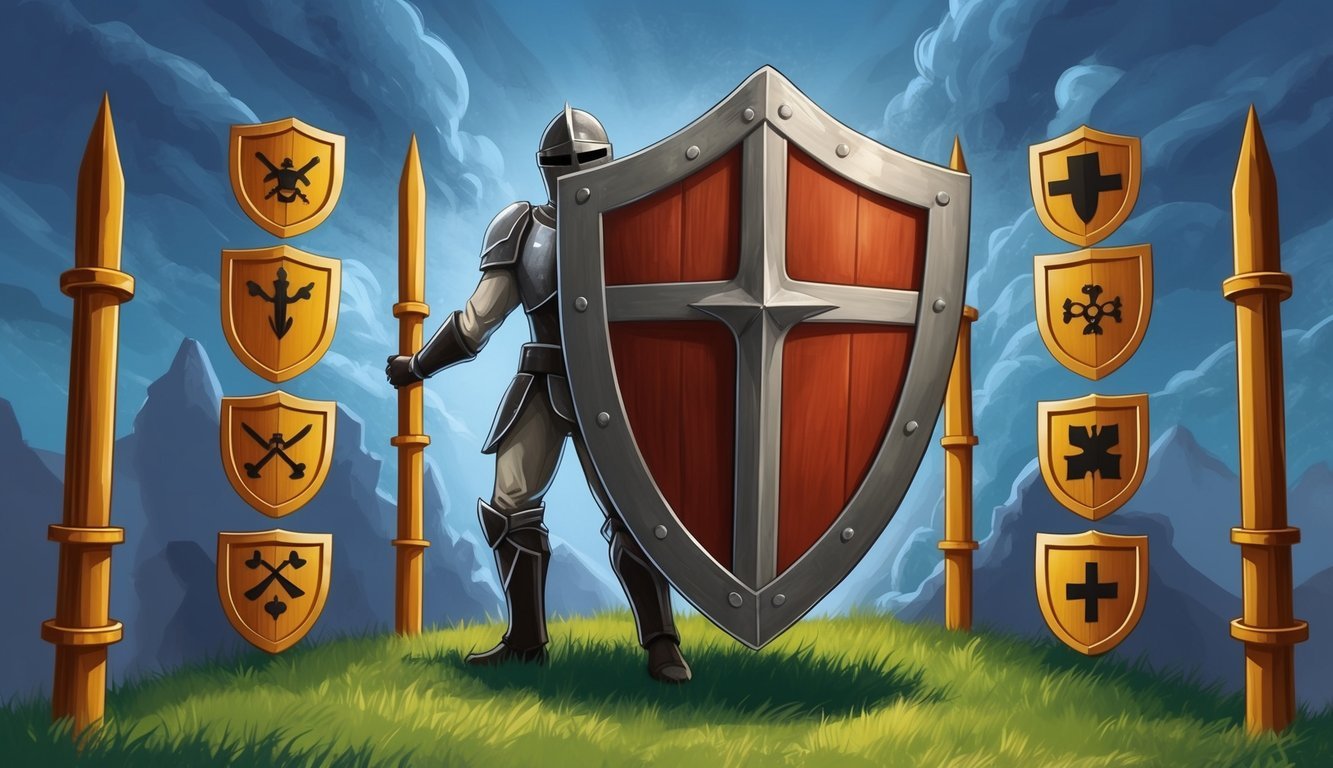 A sturdy shield stands guard over a vulnerable figure, surrounded by a barrier of protective symbols