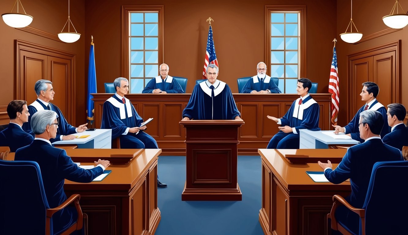 A courtroom with judges, lawyers, and a podium for presenting arguments