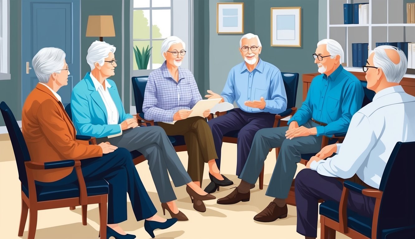 A group of elderly individuals sit in a law office, discussing Social Security and retirement benefits with their attorney