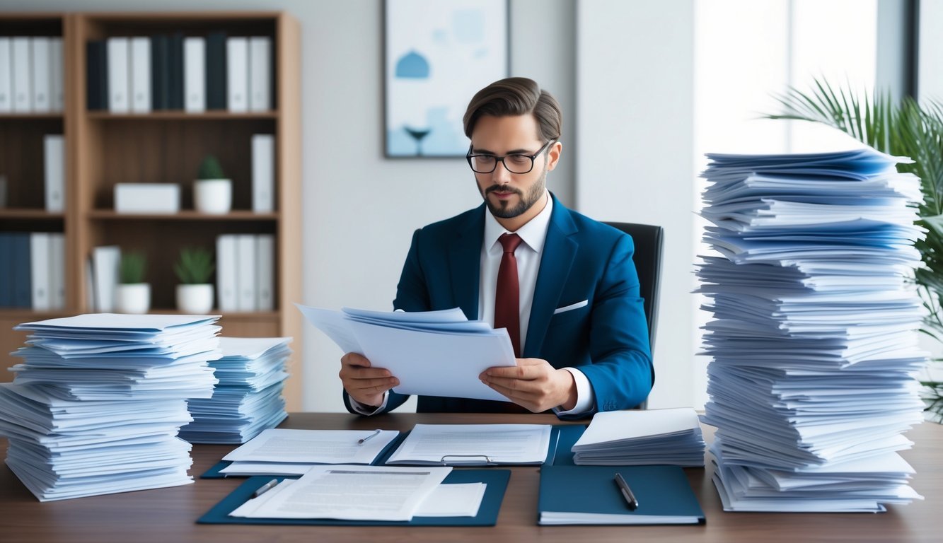 A lawyer reviewing a stack of legal briefs and documents in a quiet, organized office setting