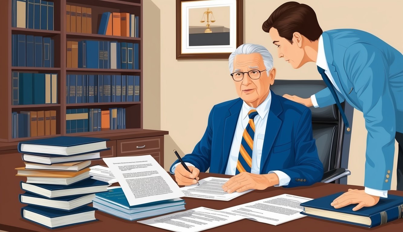 An elderly person sitting in a lawyer's office, surrounded by legal documents and books, while the lawyer answers their questions