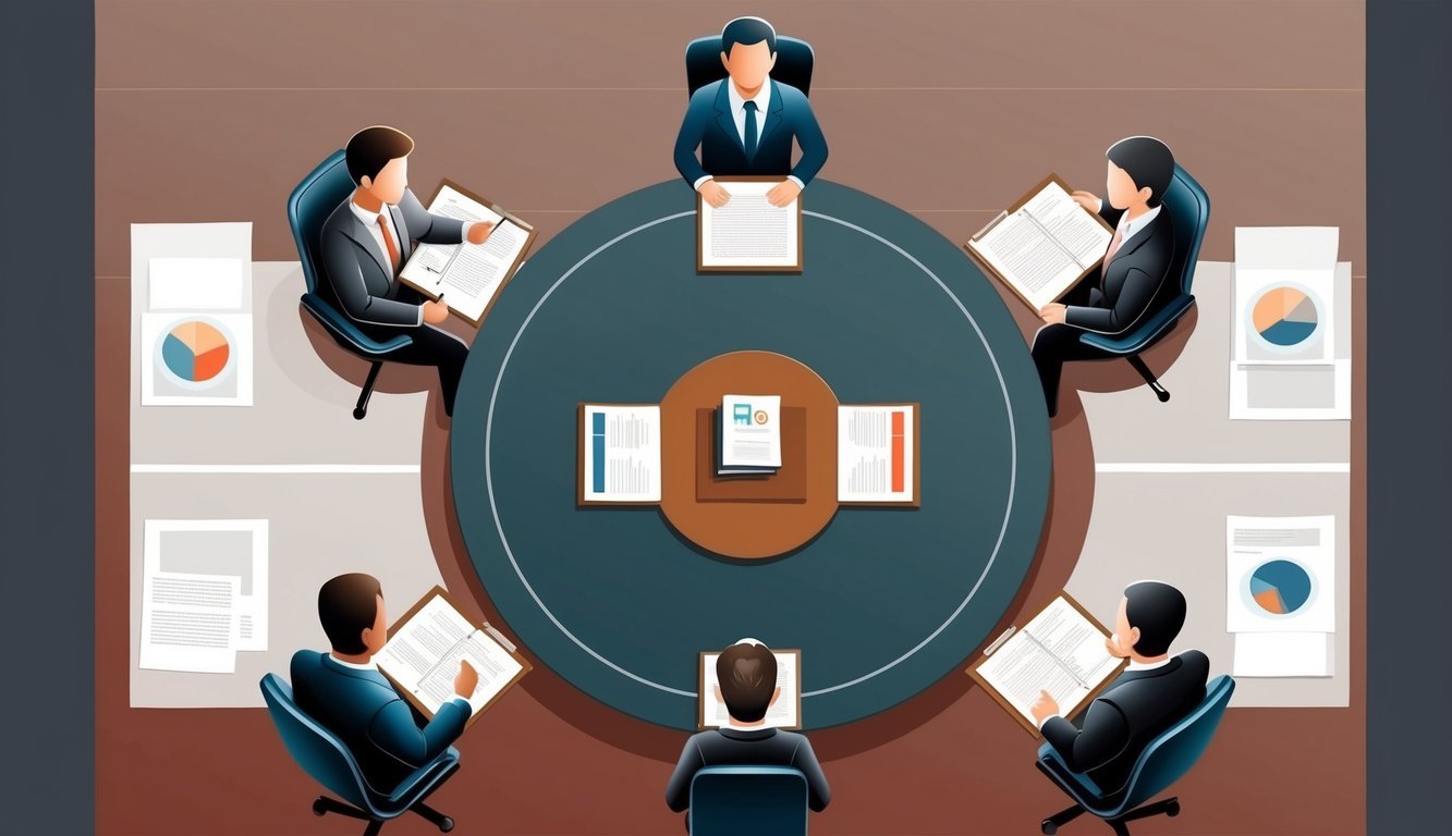 A round table surrounded by two parties, each with a representative.</p><p>A neutral arbitrator presides over the discussion