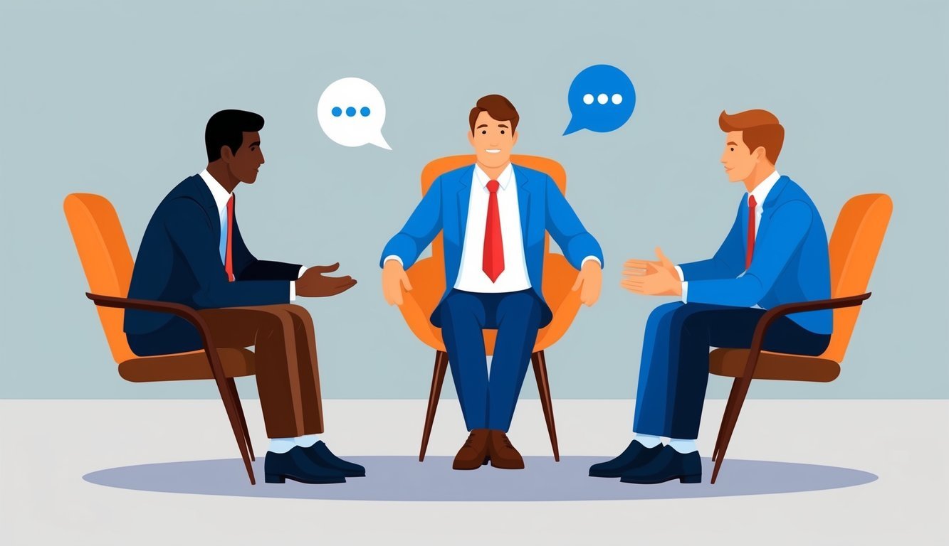 A mediator sitting between two disputing parties, listening and facilitating the conversation in a calm and neutral environment