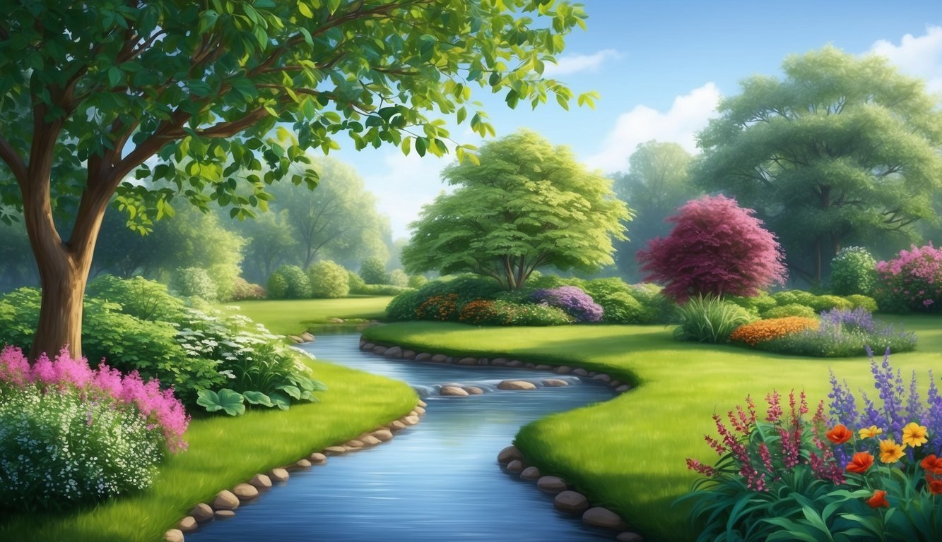 A serene garden with a peaceful stream, surrounded by lush greenery and colorful flowers, with a gentle breeze rustling the leaves