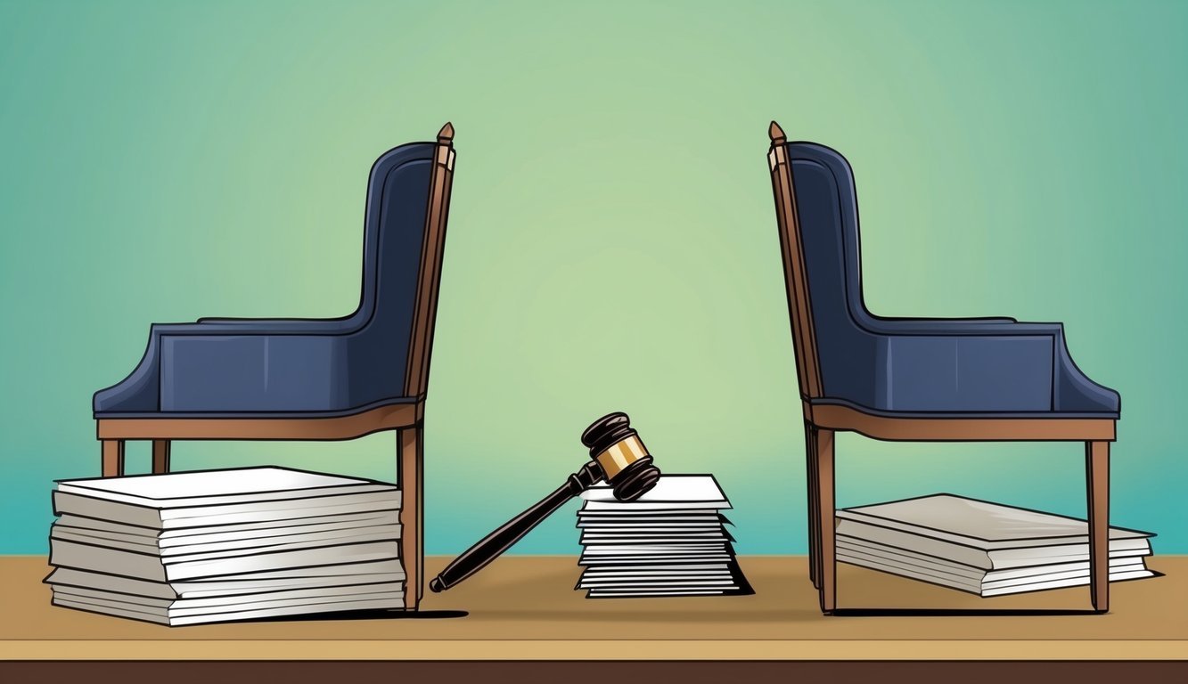 A table with two chairs facing each other, a gavel, and a stack of papers