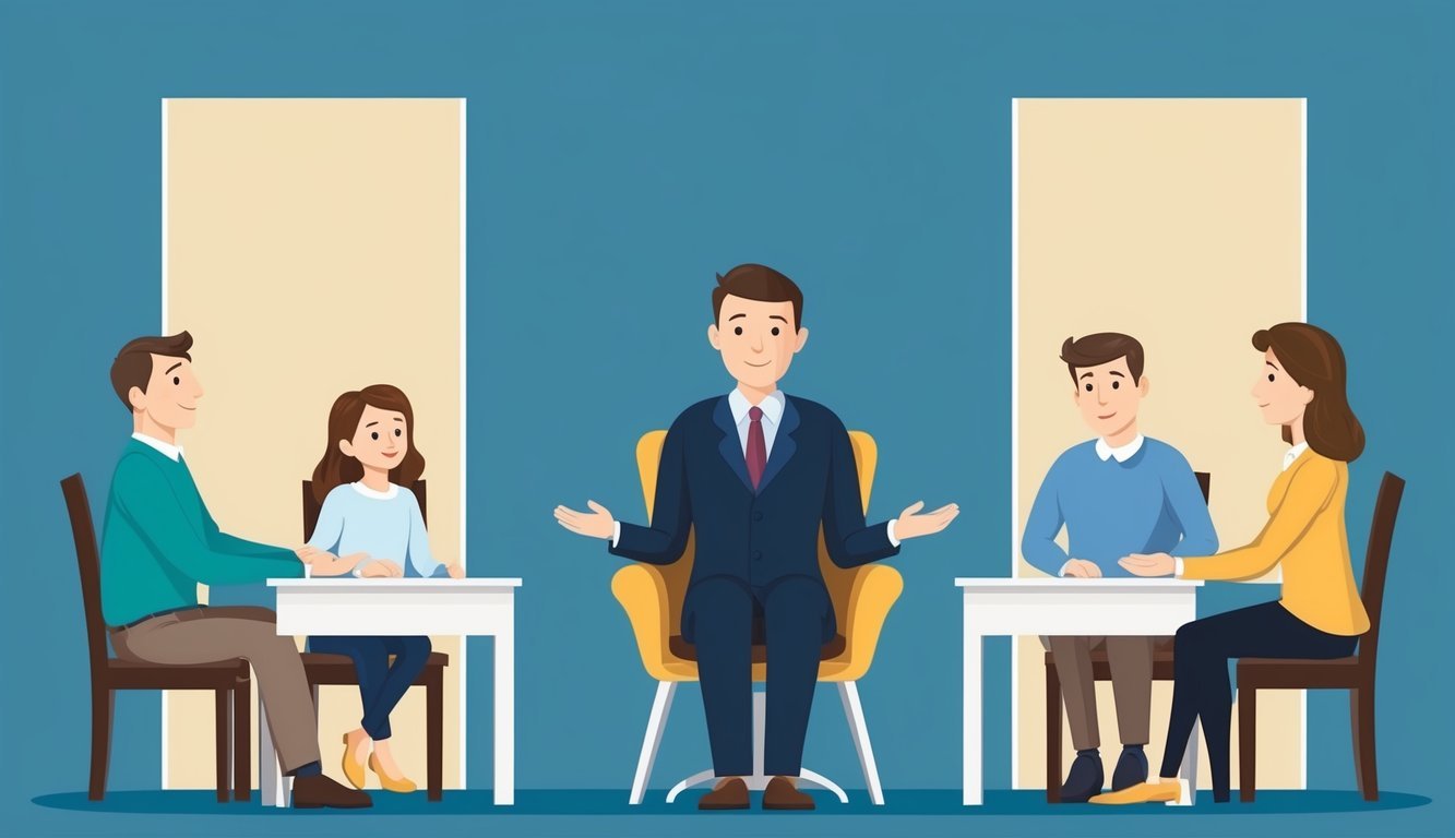 A mediator sits between two separate tables, each with a family member on either side.</p><p>The mediator listens attentively as both sides express their concerns and attempts to facilitate a resolution