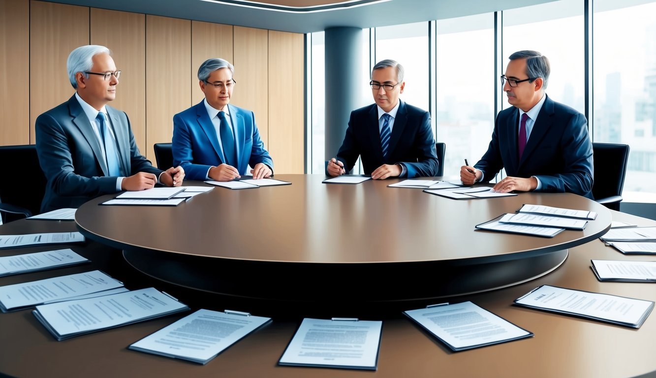 A panel of three arbitrators deliberating in a modern, well-lit conference room with a large round table and legal documents scattered across the surface