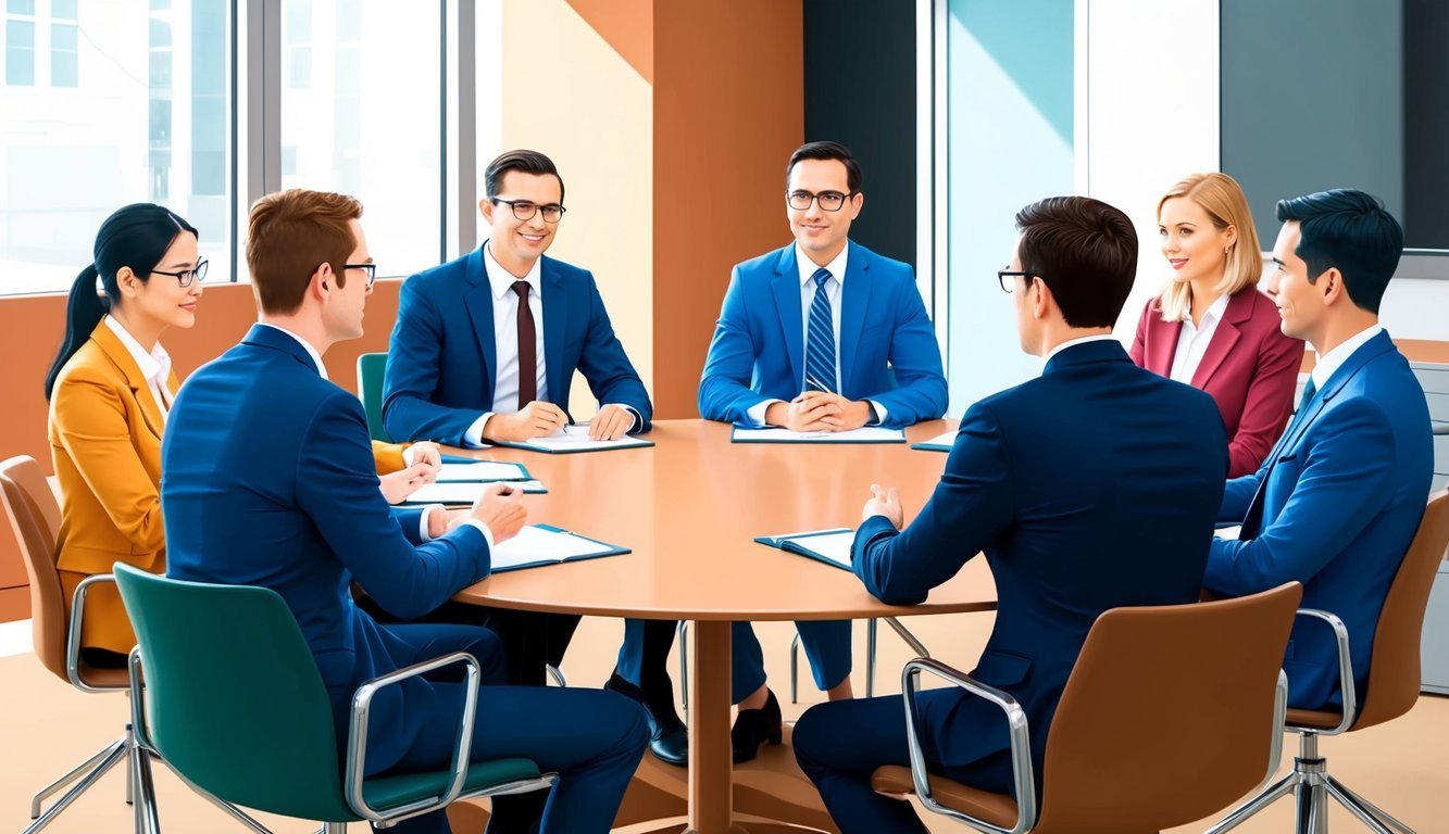 A group of people in formal attire sitting around a table in a modern, professional office setting, engaged in a discussion or negotiation