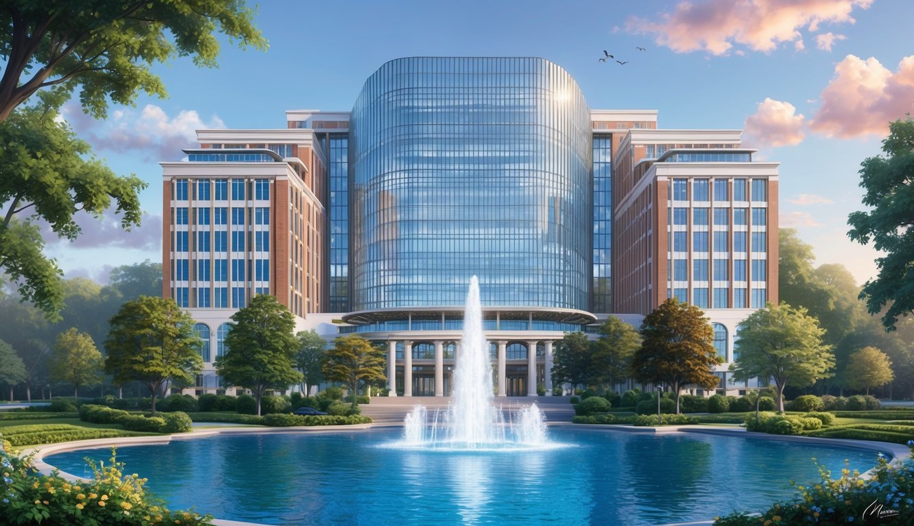 A grand, modern building with a soaring glass atrium, surrounded by lush greenery and a serene fountain