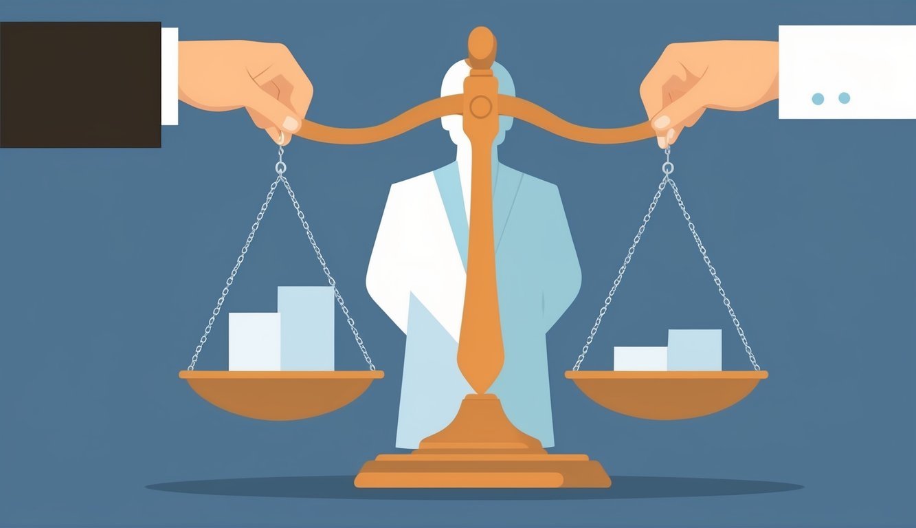 Two scales balanced with a neutral figure in the middle, representing mediation's ability to find equilibrium in conflict resolution