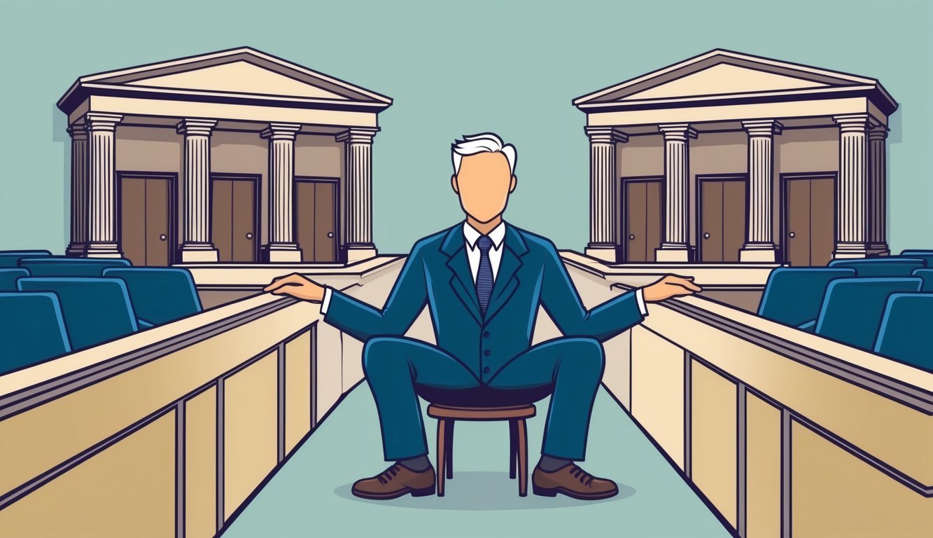 A mediator sits between two courtrooms, bridging the gap with open communication and understanding.</p><p>The courtrooms are empty, symbolizing the resolution of conflicts outside of the traditional legal process