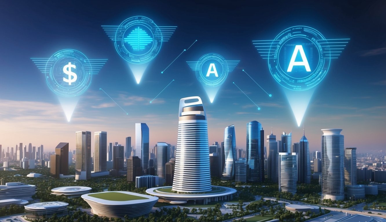 A futuristic city skyline with holographic arbitration symbols projected in the sky.</p><p>A sleek, modern arbitration center stands tall among the buildings