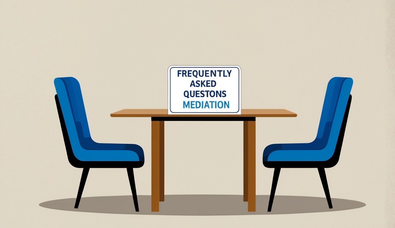 A table with two chairs facing each other, a neutral background, and a small sign with the words "Frequently Asked Questions Mediation" displayed prominently