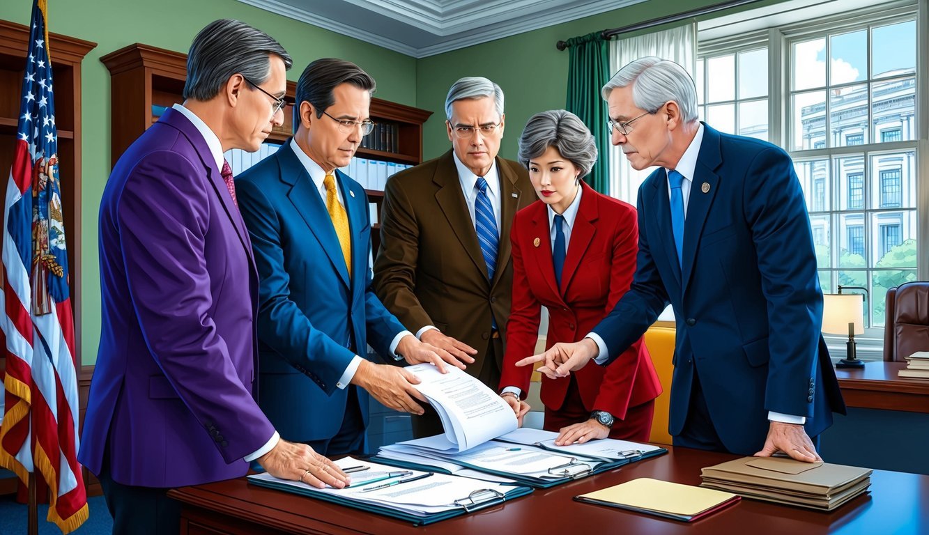 A group of officials discussing and reviewing documents in a government office