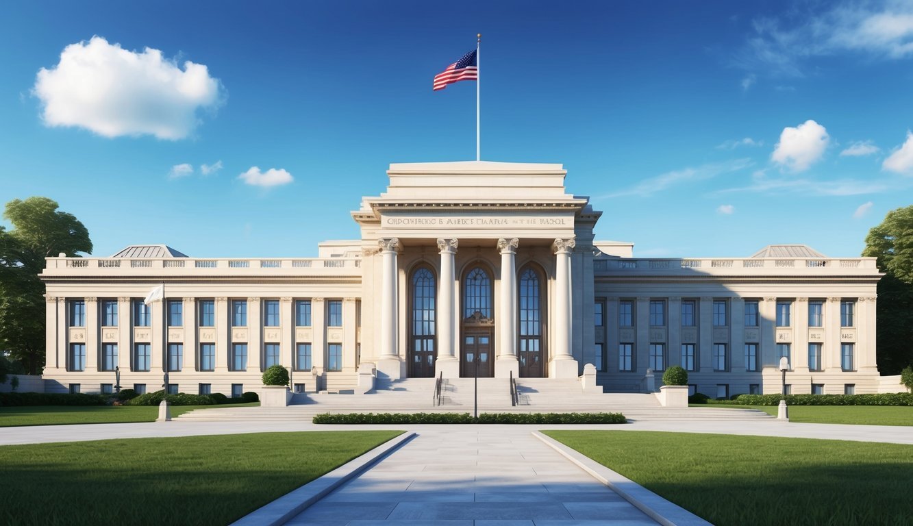 A government building with a large, ornate entrance and flags flying in the wind, surrounded by a well-manicured lawn and a clear blue sky overhead