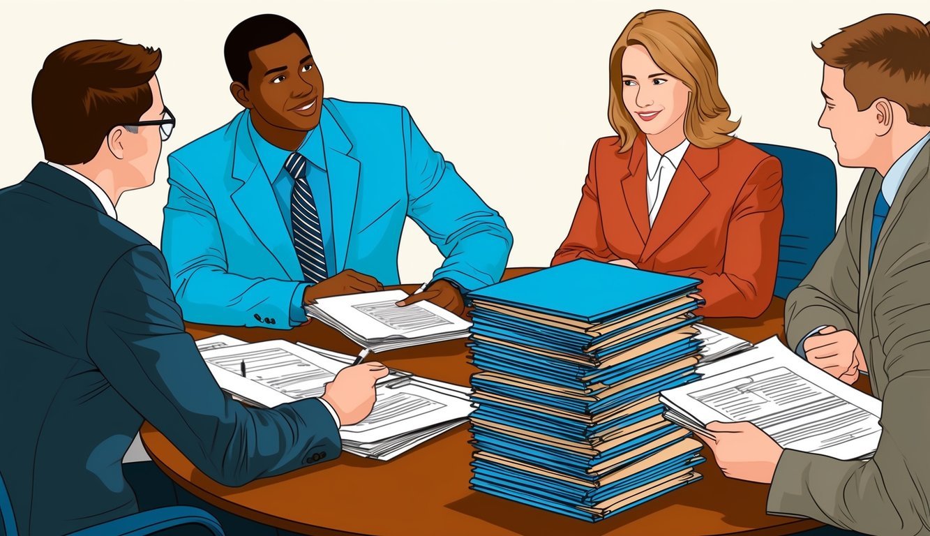 A group of individuals sitting around a table, discussing and reviewing documents and regulations.</p><p>A stack of papers and folders is present