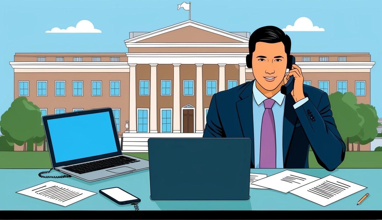 A desk with a laptop, phone, and documents.</p><p>A person in a suit on a call.</p><p>A government building in the background