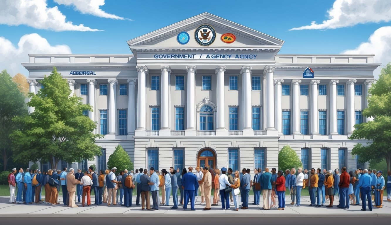 A government building with multiple agency logos on the facade, surrounded by a diverse group of people waiting in line