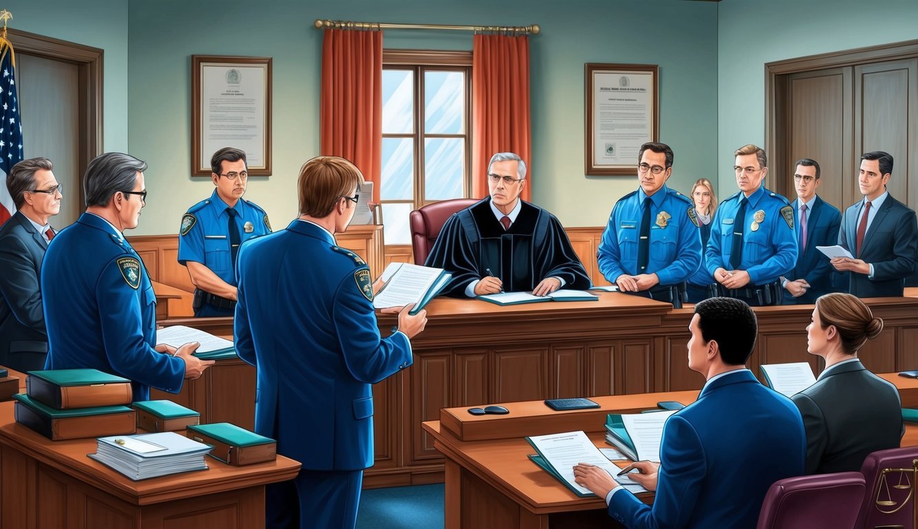 A courtroom with representatives from various agencies presenting cases to a judge, while legal professionals observe and take notes