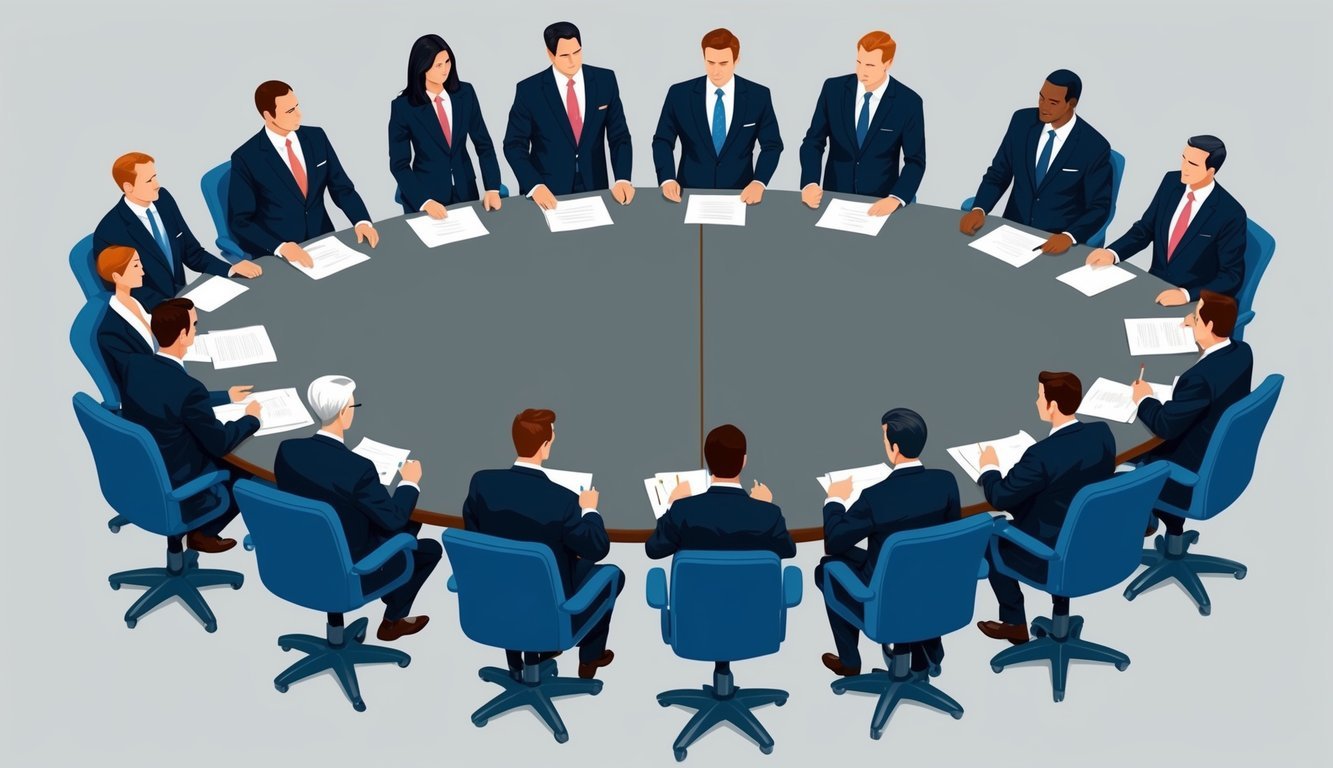 A group of executives in suits standing around a large conference table, discussing and making decisions on administrative and regulatory law