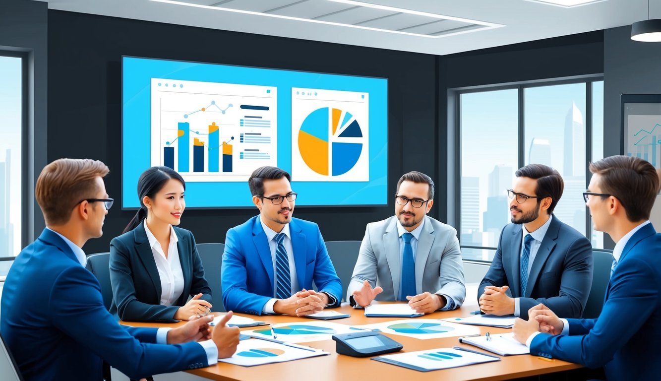 A group of professionals in business attire engage in a discussion in a modern office setting, with charts and graphs displayed on a large screen