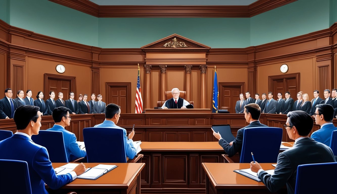 A courtroom with a judge presiding over a case, lawyers presenting arguments, and a gallery of observers