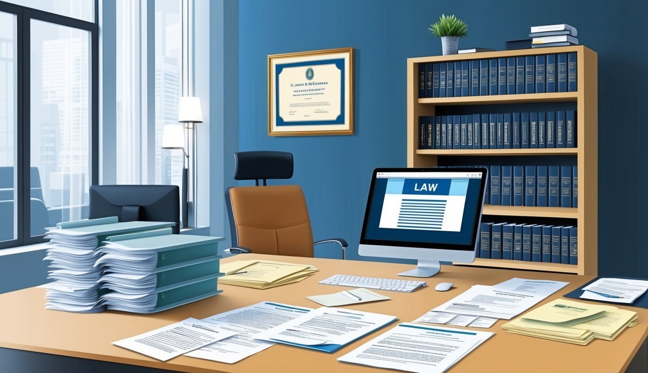 A busy office with files, legal documents, and a desk with a computer.</p><p>A bookshelf filled with law books and a framed diploma on the wall