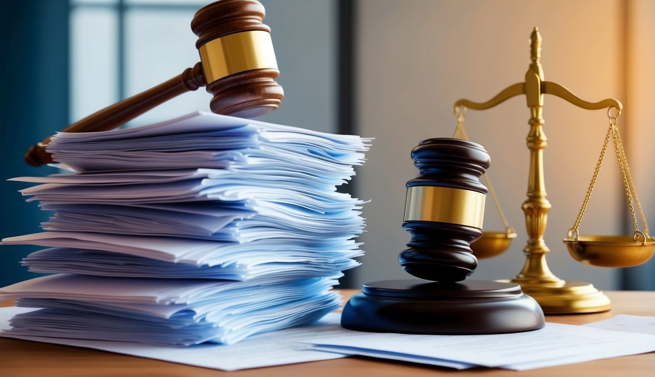 A stack of legal documents with a gavel and scales of justice in the background