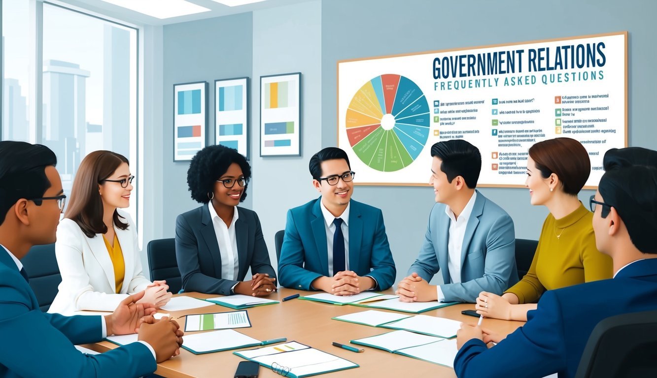 A group of people meeting in an office, discussing government relations.</p><p>A chart on the wall shows frequently asked questions