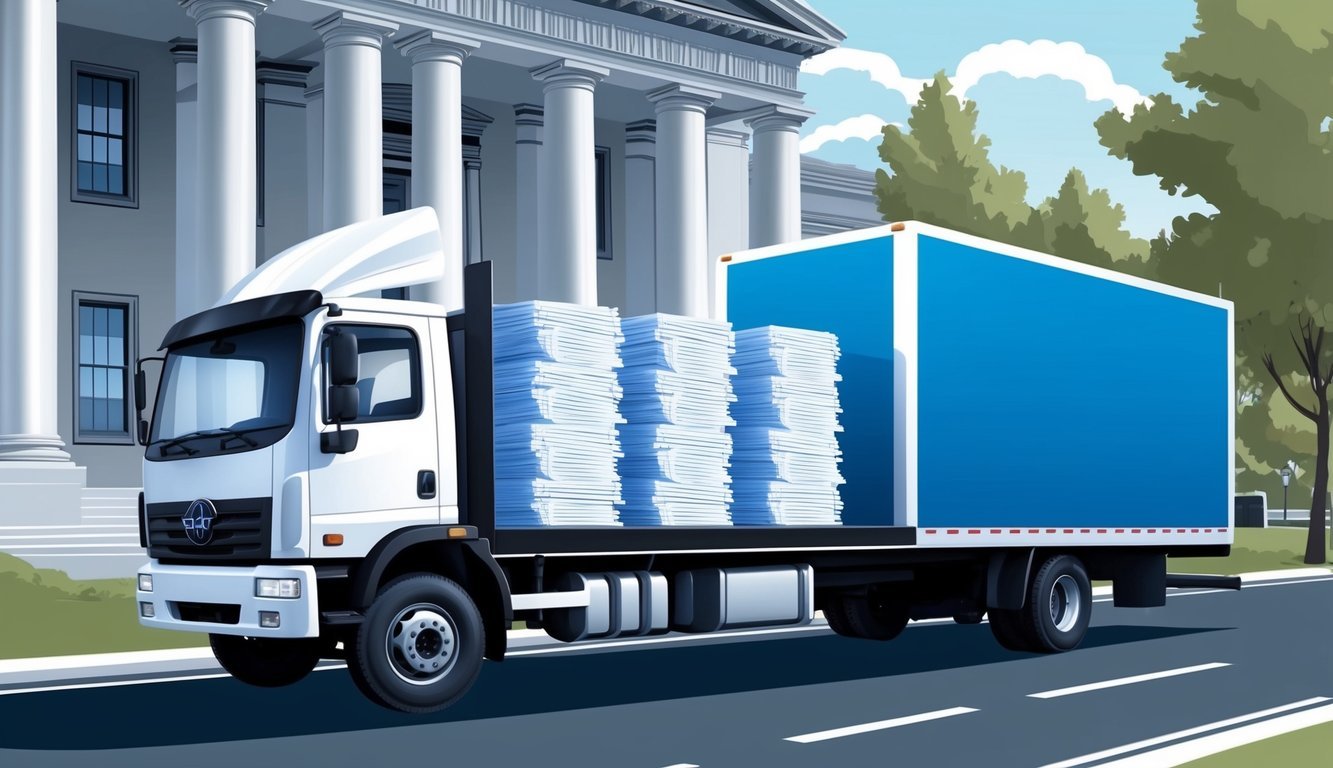 A delivery truck parked in front of a courthouse with a stack of legal documents being loaded onto it