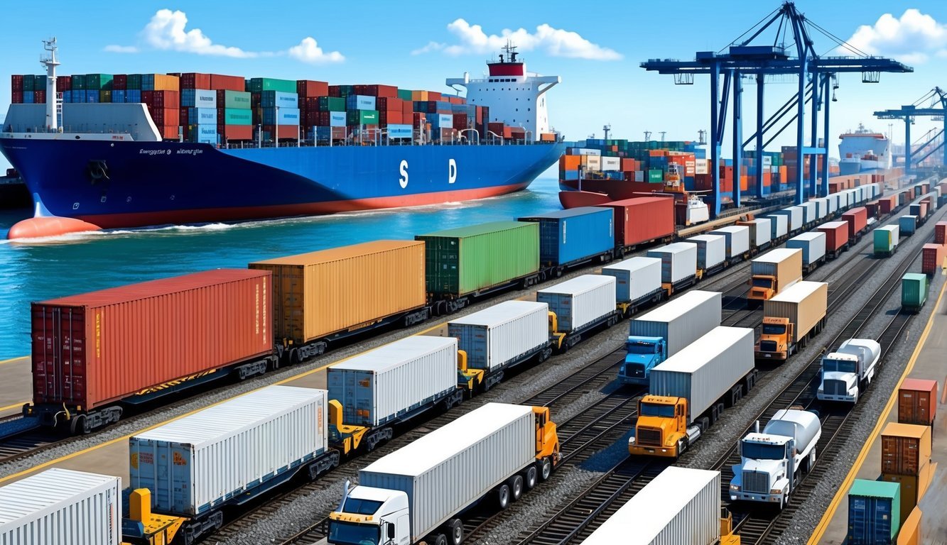 A busy port with cargo ships, freight trains, and trucks lined up for inspection at a transportation law enforcement checkpoint