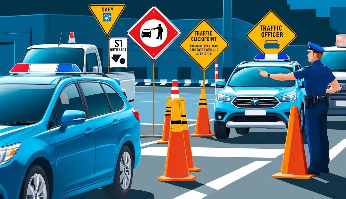 A traffic officer directing vehicles at a checkpoint with safety signs and regulations displayed prominently