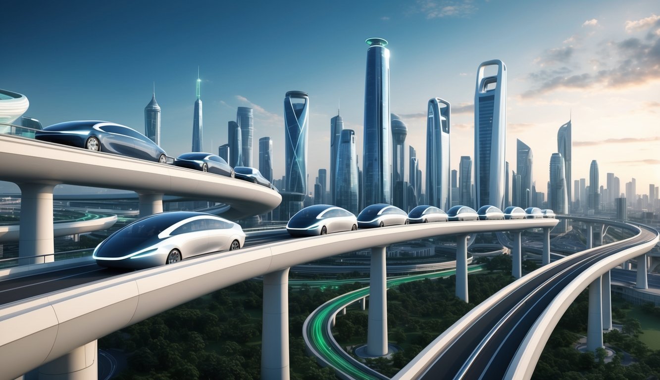 A futuristic city skyline with sleek, high-speed transport vehicles zipping through elevated highways and tunnels, surrounded by cutting-edge infrastructure and green technology