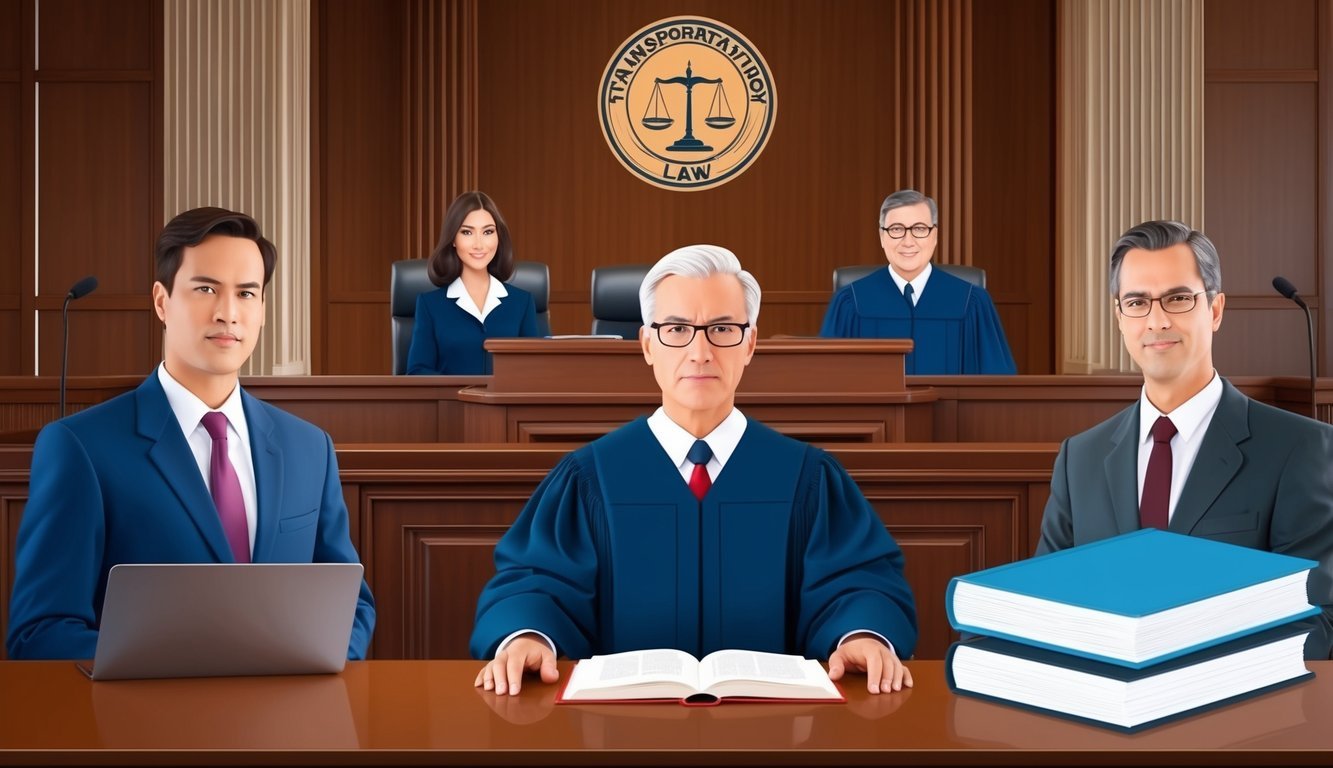 A courtroom scene with a judge, lawyers, and a transportation law book on the desk