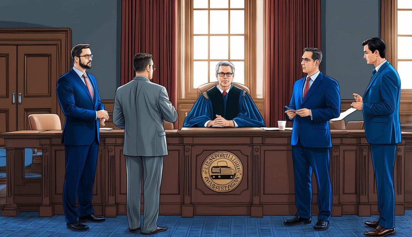 A courtroom scene with a judge, lawyers, and clients discussing transportation law