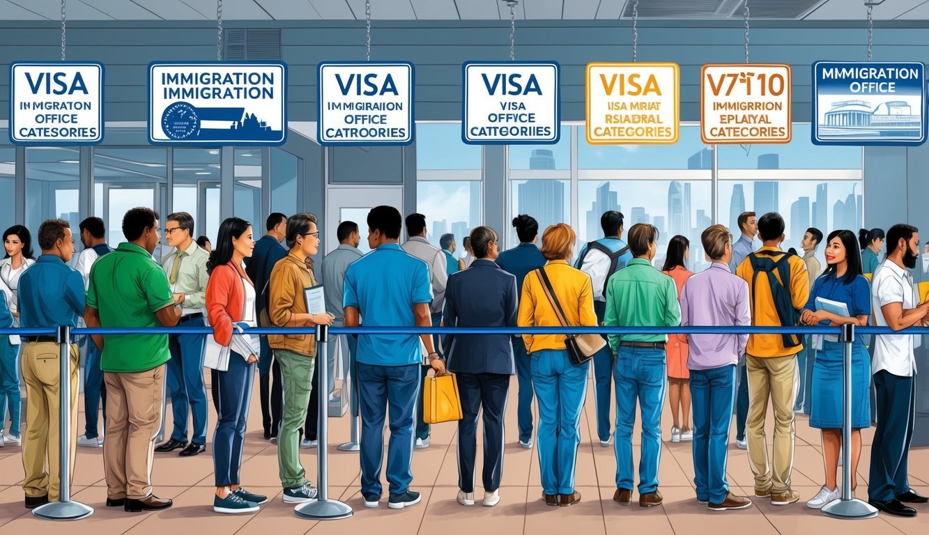 A diverse group of people waiting in line at an immigration office, with signs displaying different visa categories and types