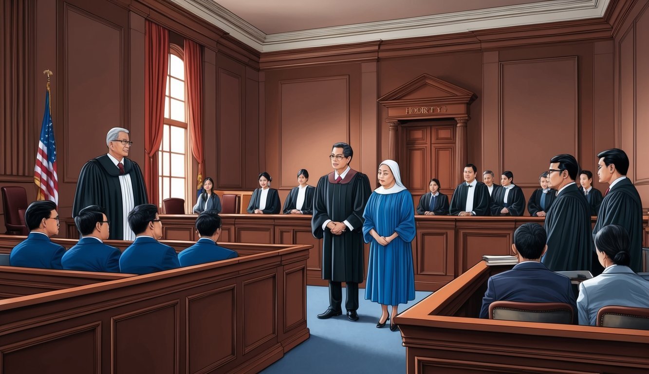 A courtroom with judges, lawyers, and immigrants waiting