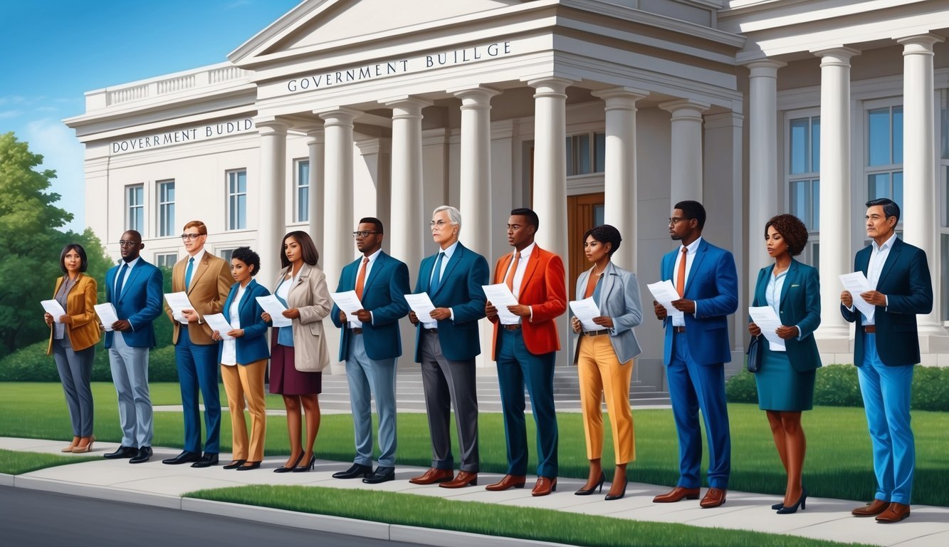 A diverse group of people standing in line outside a government building, holding documents and waiting to enter