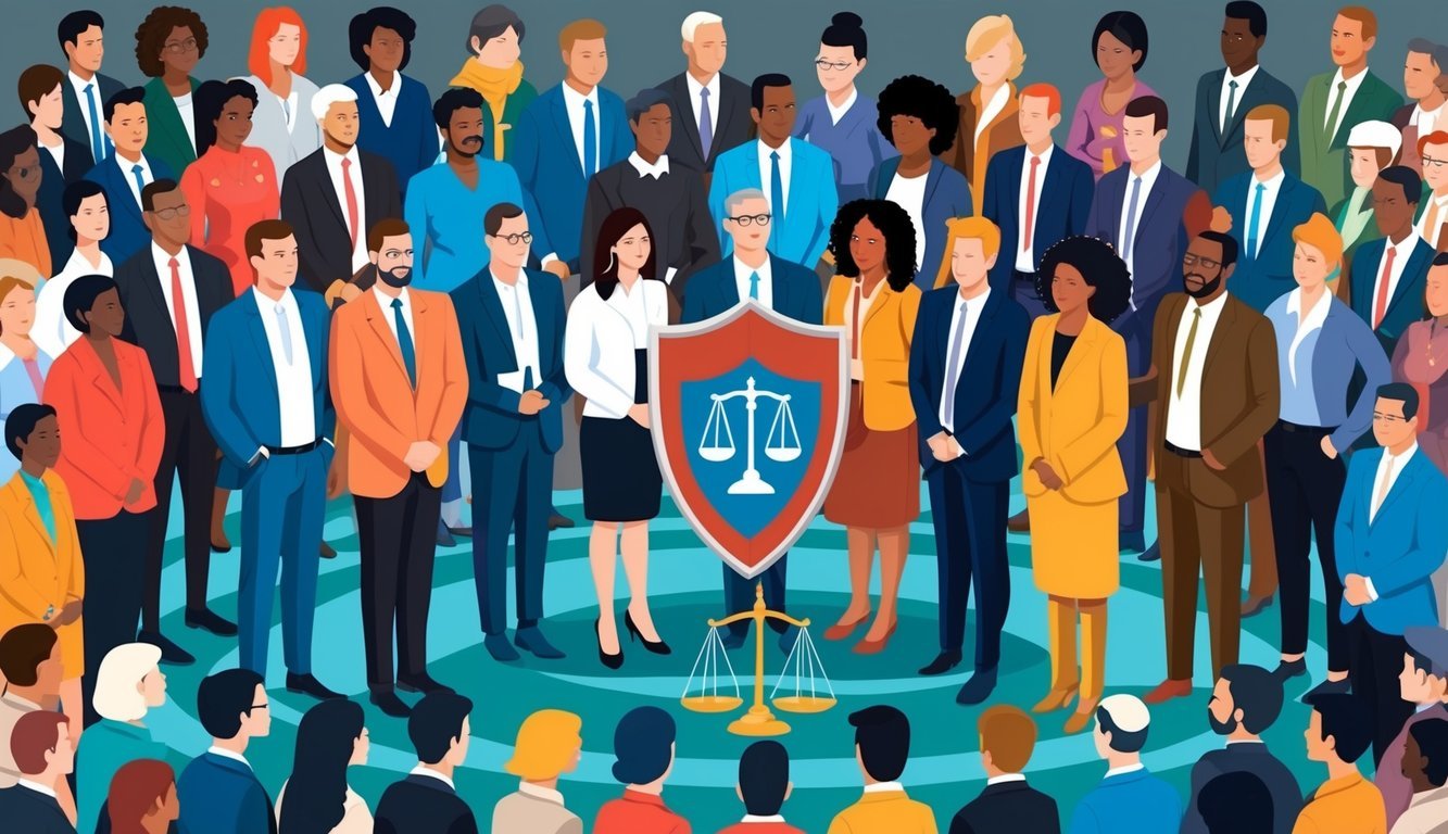 A diverse group of people standing together, surrounded by a shield symbolizing legal protections, with a scale representing justice and equality