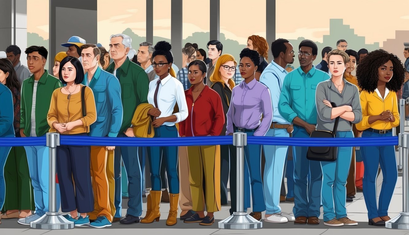 A diverse group of people waiting in line at a border crossing, with a mix of emotions on their faces