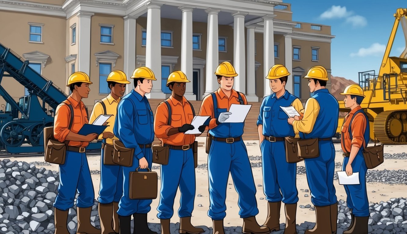 A group of miners stand before a government building, submitting paperwork and speaking with officials.</p><p>Machinery and mining equipment are visible in the background