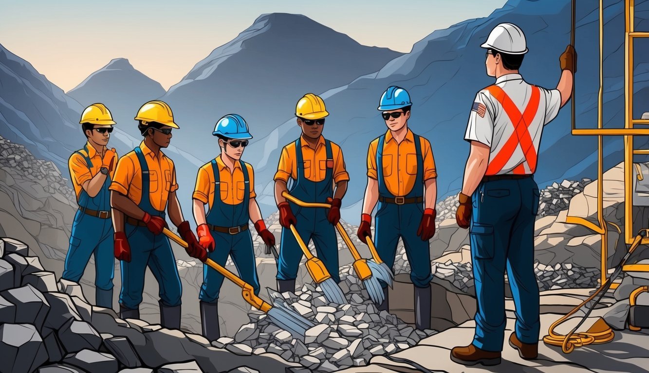 A group of miners work under the watchful eye of a government inspector, ensuring compliance with mining regulations and oversight laws