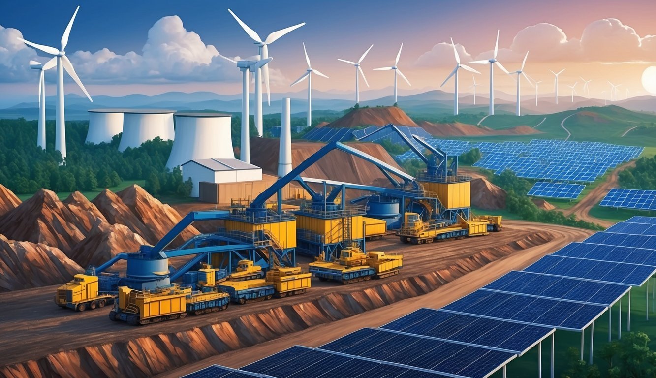 A bustling mining operation set against a backdrop of wind turbines and solar panels, showcasing the intersection of economic impact and clean energy