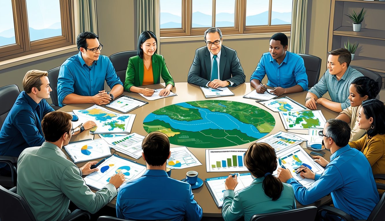 A group of people gather around a table, discussing environmental and community aspects of mining law.</p><p>Charts and maps are spread out, and a sense of collaboration and engagement fills the room