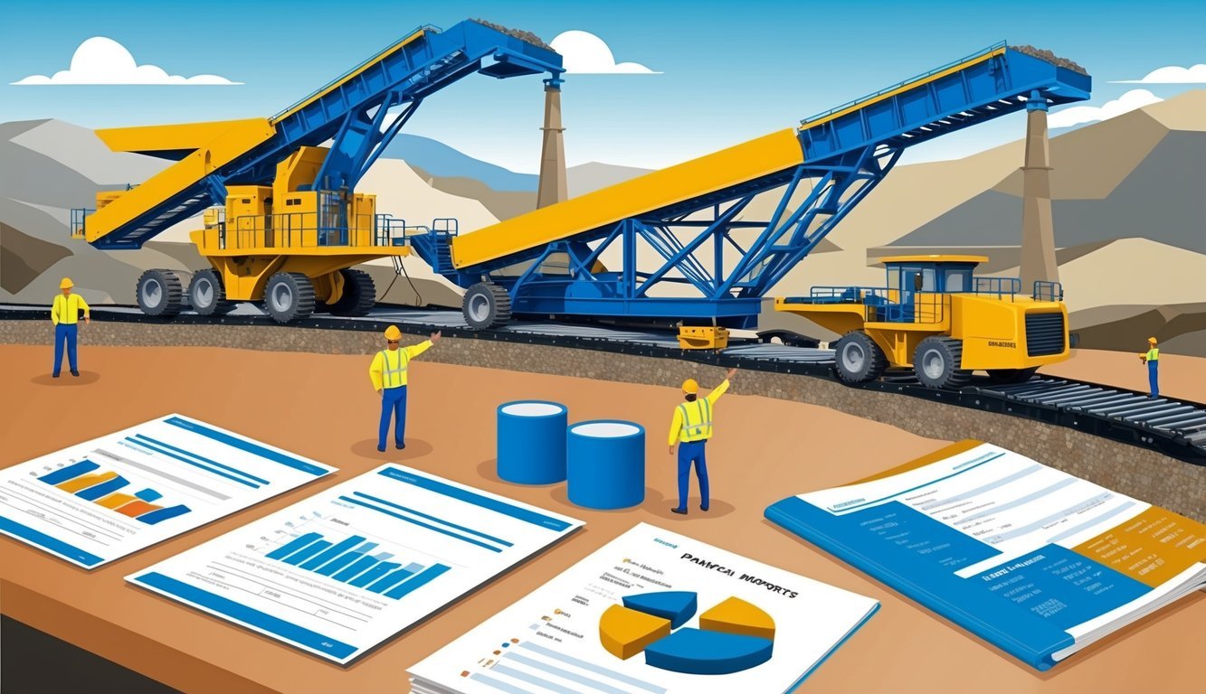 A mining site with heavy machinery, conveyors, and workers.</p><p>Legal documents and financial reports on a desk