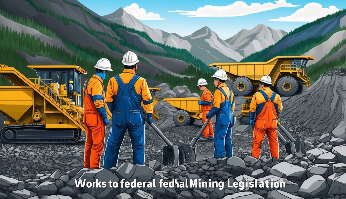 A group of miners working in a mountainous landscape, with heavy machinery and equipment, while adhering to federal mining legislation