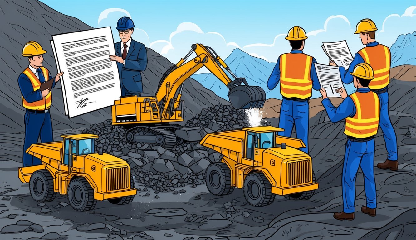 A group of miners using heavy machinery to extract resources from the earth, while a legal document is being reviewed by government officials