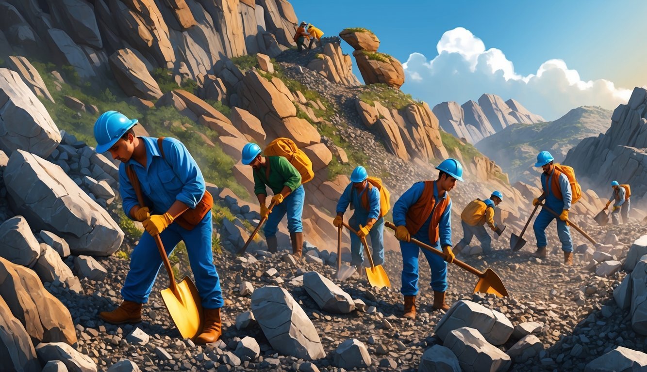 A group of miners working in a rocky landscape, using pickaxes and shovels to extract minerals from the earth