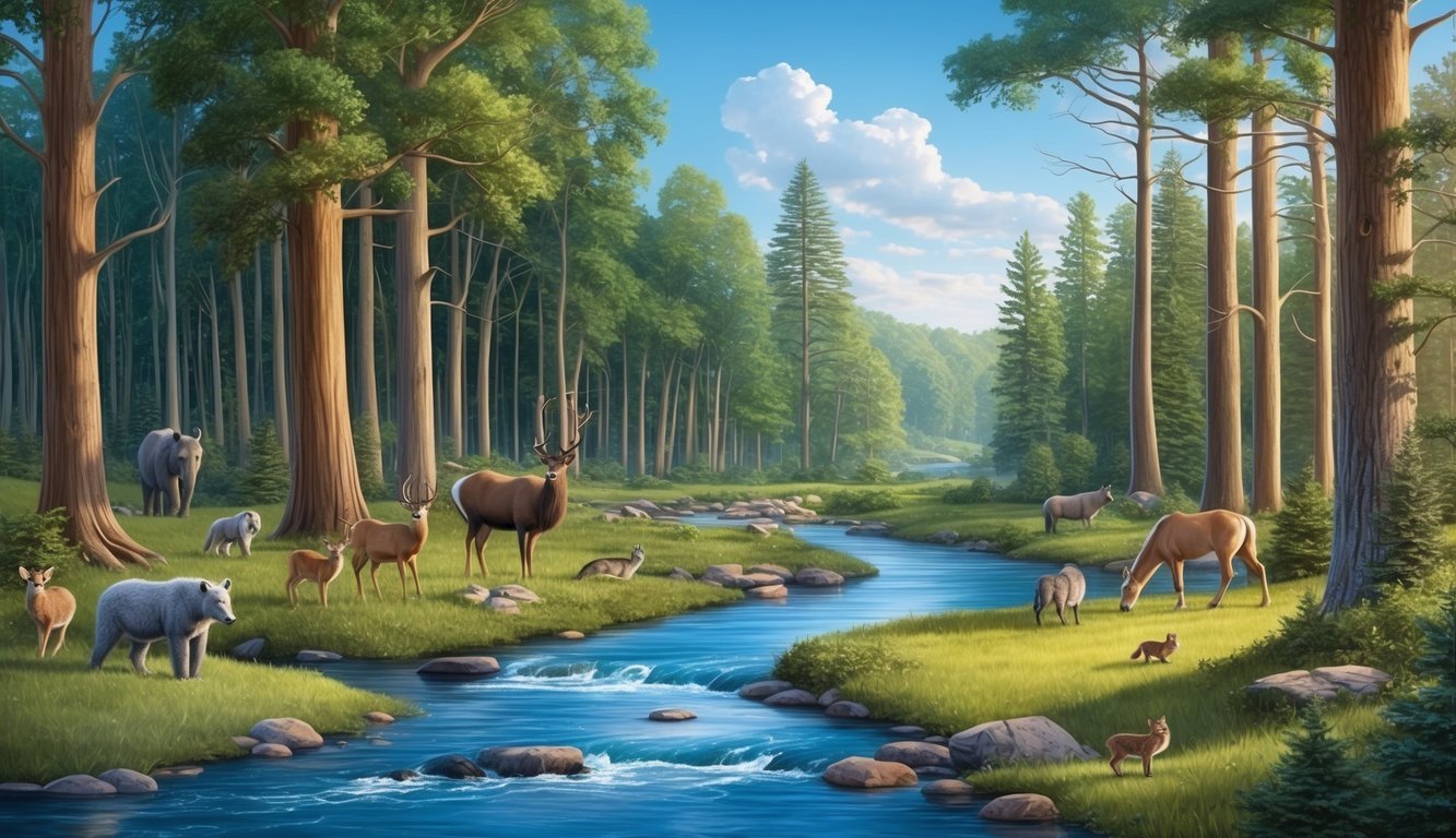 A serene forest with a flowing river, diverse wildlife, and towering trees under a clear sky